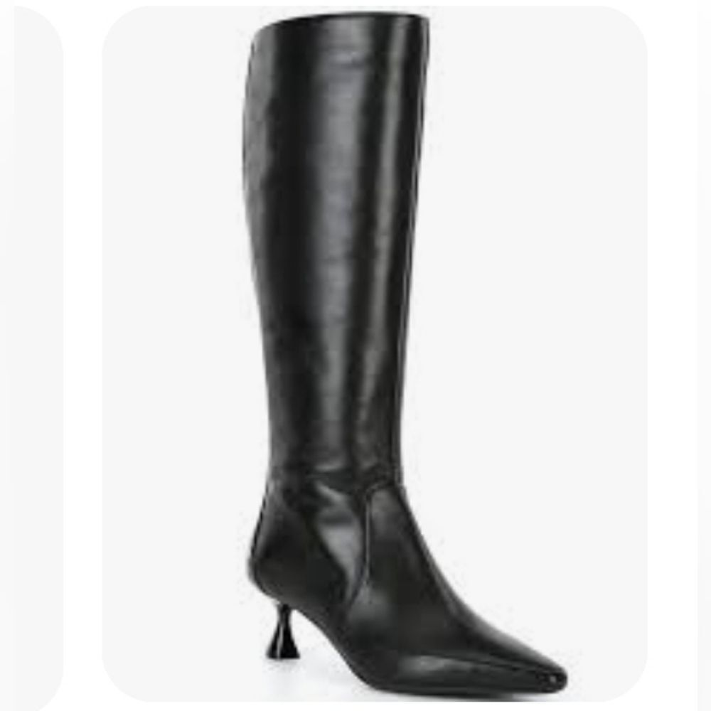 NEW Black Leather Pointy Toe Croc Emboss Back Kitten Heel Tall Boot Alex Marie